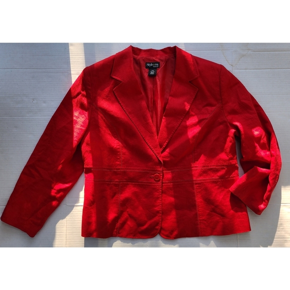 Style & Co. Women Red Linen Perforated Single Button Structured Blazer - Picture 14 of 15